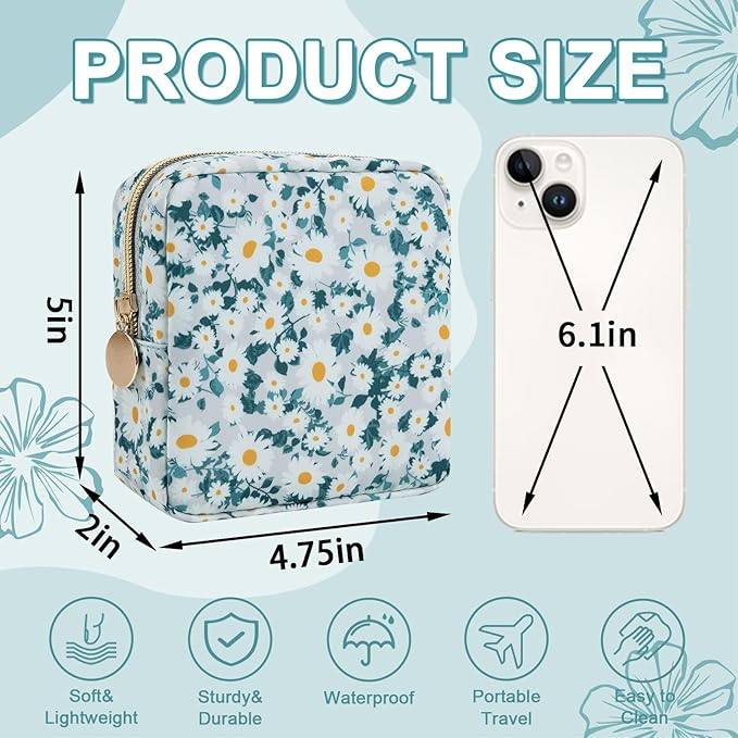 Waterproof Mini Floral Makeup Bag Pouch for Purse,Nylon Flower Cosmetic Travel Bag Small Preppy Toiletry Organizers Bag for Women Girl,Cute Zipper Pouch Coin Purse for Work(Mini Green-Daisy)
