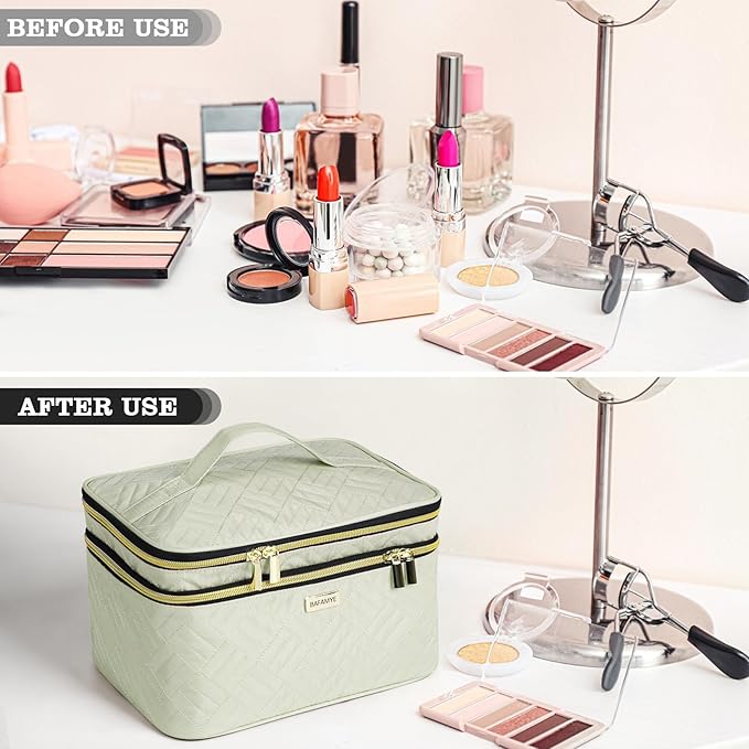 8.8L Double Layer Travel Makeup Bag With Mirror For Women, Large Cosmetic Case, Organizer for Travel-Size Accessories Bottles, Brushes,and Skin Care Products, 2.33 GAL, Beige
