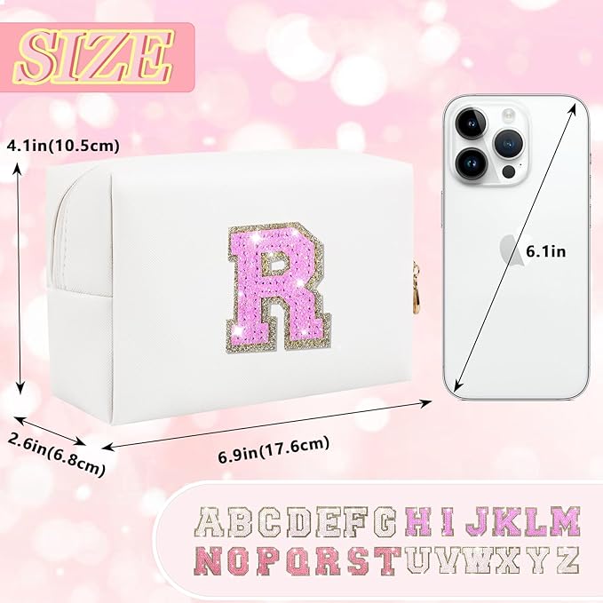 Personalized Initial Letter Makeup Bag, Small Glitter Letter Patch Cosmetic Pouch Zipper, Preppy Makeup Organizer PU Waterproof Travel Toiletry Bag, Monogrammed Birthday Gift for Women Girls
