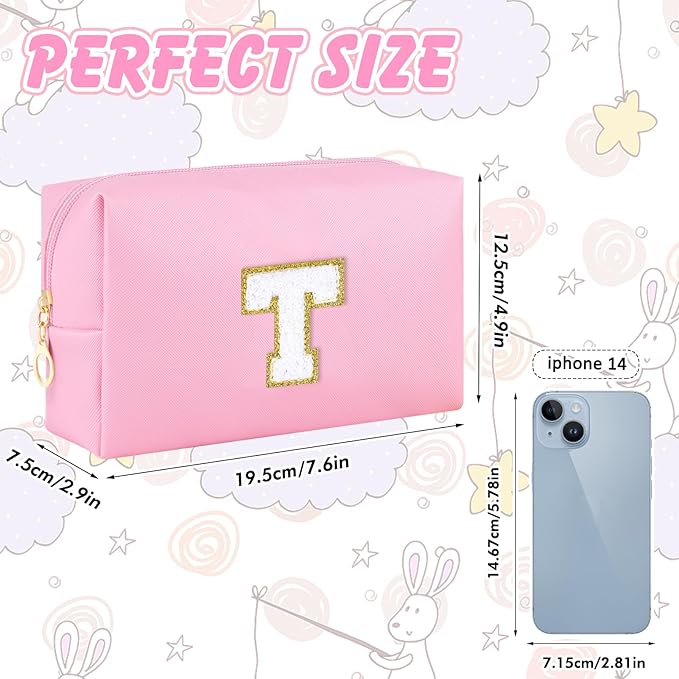 Initial Preppy Makeup Bag for Women Teen Girls Travel Small Cosmetic Bag Cute Pink Personalized Preppy Makeup Pouch Zippered Toiletry Bag Organizer PU Leather Aesthetic Makeup Bag（T）