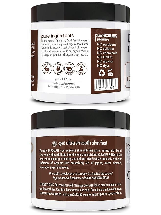 pureSCRUBS Premium Coconut Body Scrub Set - Large 16oz Dead Sea Salt Body Scrub With Infused Essential Oils & Nutrients, Includes Wooden Spoon, Loofah & Oatmeal Exfoliating Bar Soap