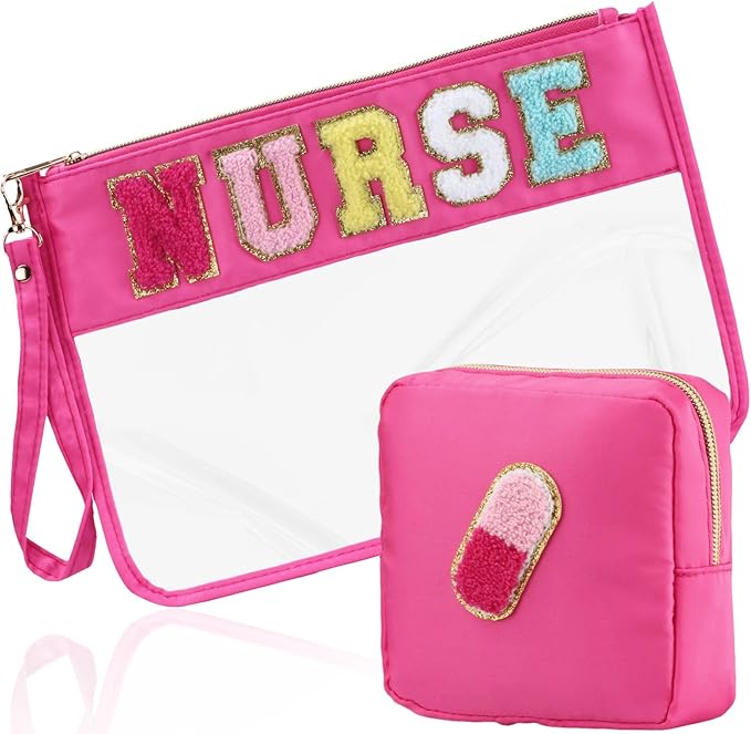 2 Pcs Nurse Gift Clear Makeup Bag Chenille Letter Patch Cosmetic Bag Zipper Pouch Nurse Survival Kit Travel Bag for Toiletries Waterproof Portable Travel Organizer Case for Women Girls