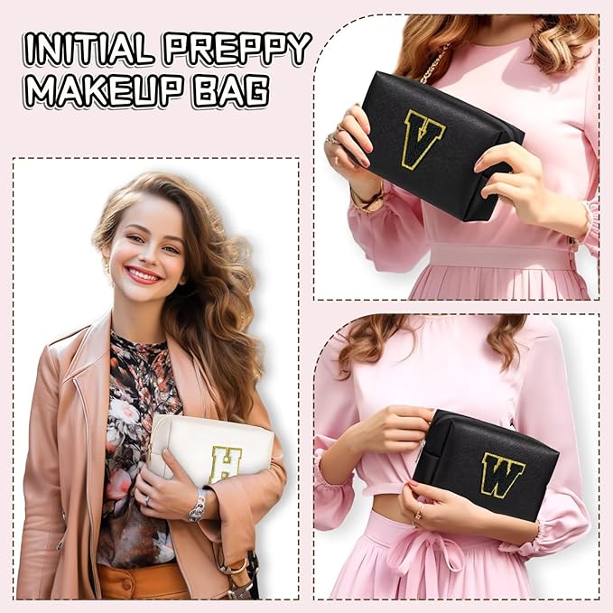 TOPEAST Personalized Birthday Gifts for Women, Preppy Patch Makeup Bag, Chenille Letter Pouch Cosmetic Bag, Travel Organizer, Birthday Gifts for Friends, Cute Stuff (Black L)