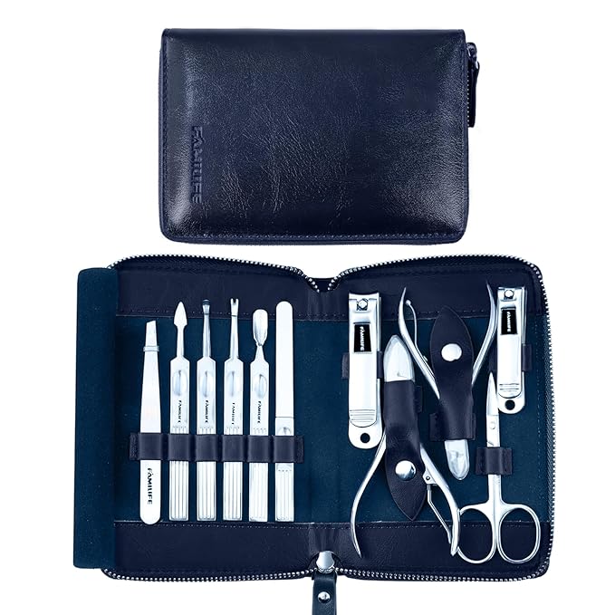 Manicure Kit, FAMILIFE Professional Manicure Set Nail Kit, 11 in 1 Stainless Steel Nail Clippers Set for Men Pedicure Kit, Men Grooming Kit with Portable Blue Leather Travel Case Luxury Gifts for Him