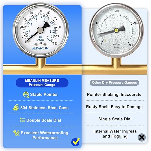 MEANLIN MEASURE 0~100Psi Dry Pressure Gauge Stainless Steel 1/4" NPT 2" FACE - Image 5