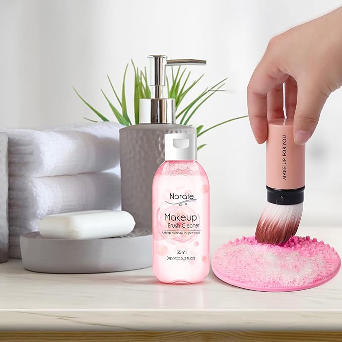Norate Makeup Brush Cleaner, Make Up Brush Cleaner Cleanser Solution + Brush Cleaning Mat, Makeup Cleaner for Brushes, Sponge, Deep Clean Shampoo, Gentle Formula Cruelty Free 3 Piece Set