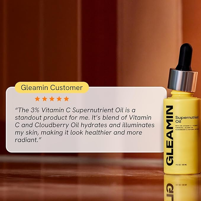 Gleamin Brightening Face Oil with Vitamin C & E, Turmeric, Jojoba & Cloudberry | Hydrating Facial Oil for Radiant Glow, Dark Spots, Fine Lines & Uneven Tone | Skin Brightening for Women & Men, 1 Fl Oz