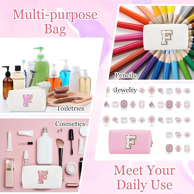 Small Personalized Glitter Initial Letter Makeup Bag, Cute PU Leather Chenille Letters Cosmetic Bag Travel Makeup Pouch, Preppy Travel Organizer Zipper Pouch for Women&Girls（Pink-F）
