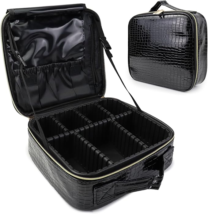 Travel Makeup Bag Makeup Cosmetic Train Case Organizer Portable Storage Bag with Adjustable Dividers for Cosmetics Makeup Brushes Toiletry Jewelry Black Crocodile Pattern