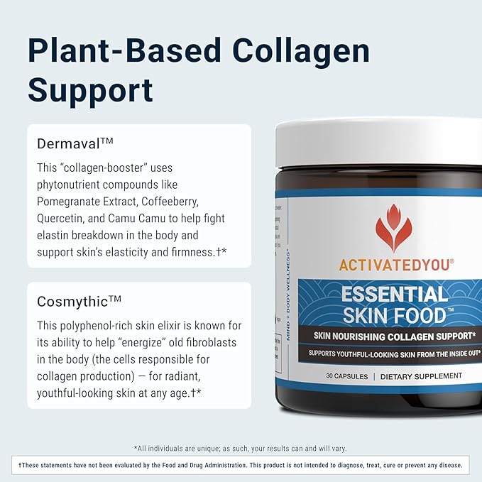 ACTIVATEDYOU Essential Skin Food - Plant Based Collagen Elastin Support Supplements for Women & Men - Supports Youthful Skin, Lysine & Dermaval for Collagen Production (3 Pack/90 Day Supply)