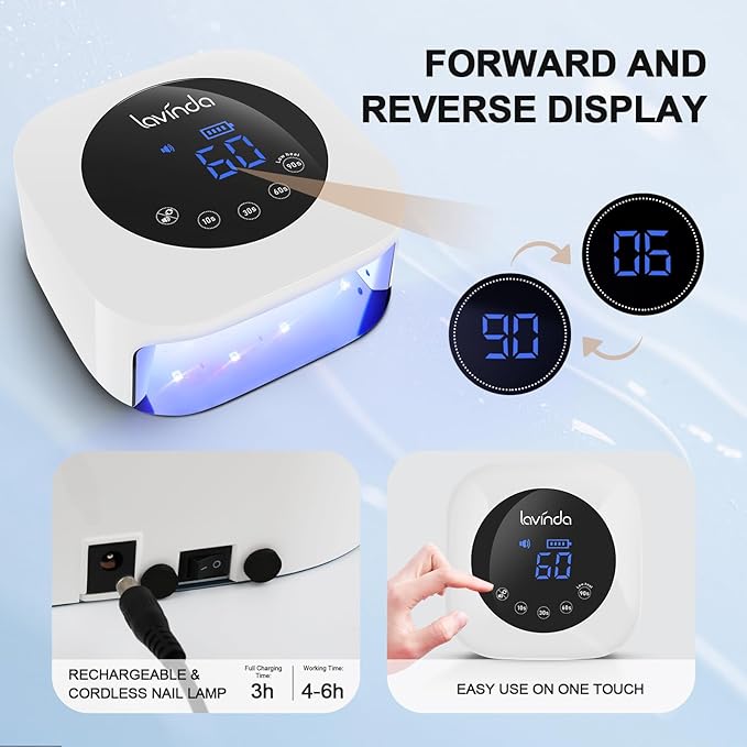 Lavinda UV LED Nail Lamp, Cordless Nail Lamp 54W Rechargeable Nail Dryer Gel Polish Light with Large LCD Display, Professional Gel Curing Lamp with 4 Timer Setting Auto Sensor for Salon and Home