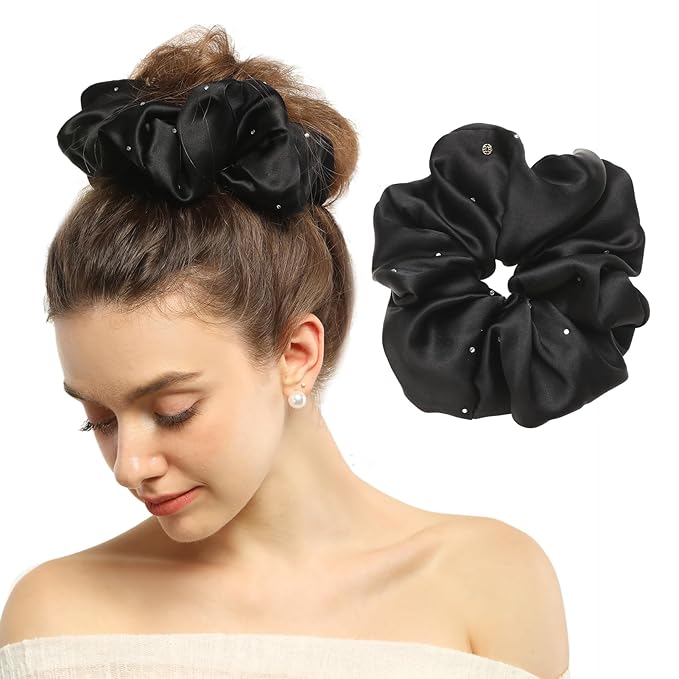 100% Mulberry Silk Scrunchies for Women Ponytail Holders – Plus Rhinestone-Embellished Design for Curly, No Damage Hair Ties for Curly, Thick, and Thin - Hair Accessories for Women (Black)