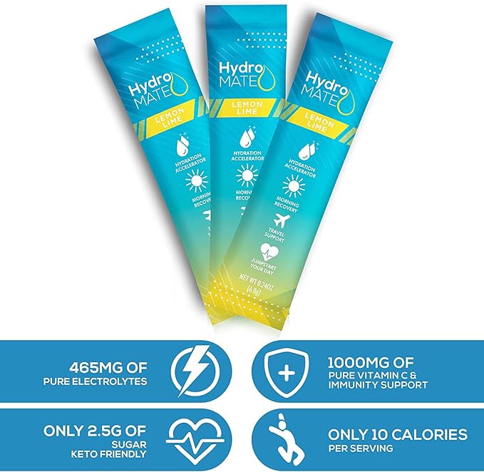 HydroMATE Electrolyte Powder Lemon Lime Hydration Packets Low Sugar 16 Count