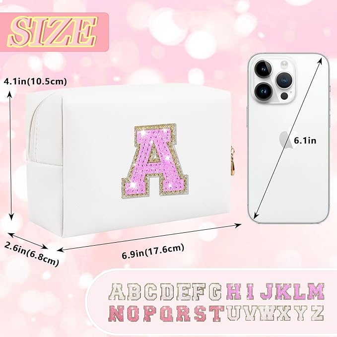 Personalized Initial Letter Makeup Bag, Preppy Glitter Letter Patch Cosmetic Pouch Zipper,PU Waterproof Travel Toiletry Bag Cute Makeup Organizer Monogrammed Make Up Bag,Gift for Women Girls(Letter A)