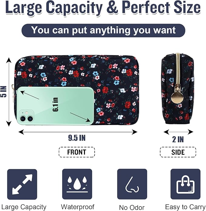 Nylon Small Floral Makeup Bag for Purse, Cute Preppy Makeup Bag Cosmetic Zipper Pouch Purse, Waterproof Portable Travel Set Toiletry Bag Make Up Brush Bag Organizer Storage for Women(Navy Blue-Flower)