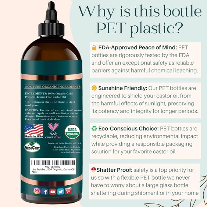 Live Fraiche Organic Castor Oil (16oz) + Filled Mascara Tube - 100% Pure Hexane Free Cold Pressed Castor Oil for Skin and Face - Hair Growth for Eyelashes and Eyebrows Scalp & Hair Treatment Oil