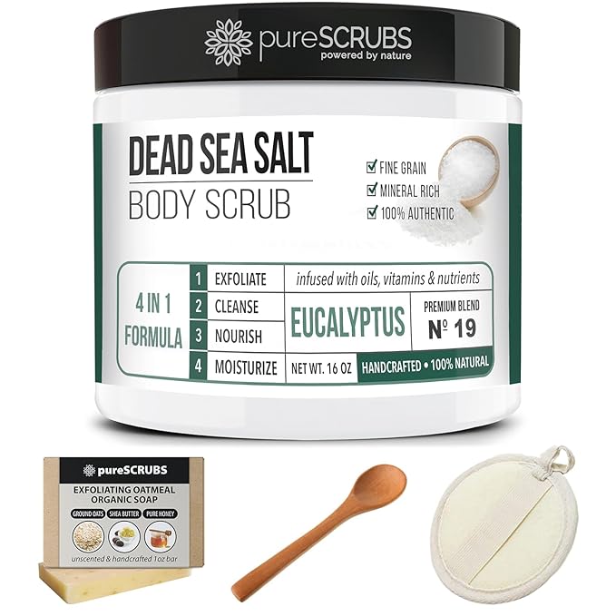 pureSCRUBS Premium Eucalyptus Body Scrub Set - Large 16oz Dead Sea Salt Body Scrub With Infused Essential Oils & Nutrients, Includes Wooden Spoon, Loofah & Oatmeal Exfoliating Bar Soap