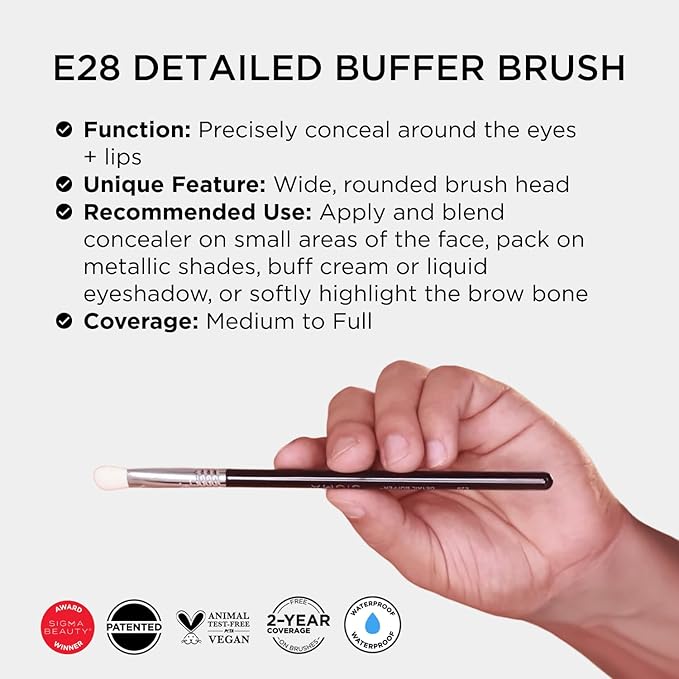 Sigma Beauty Professional E28 Detail Buffer Brush – Professional Eyeshadow Brush for Seamless Cream or Liquid Eyeshadow Blending, Packing on Metallic Shades & Highlighting the Brow Bone (1 Brush)