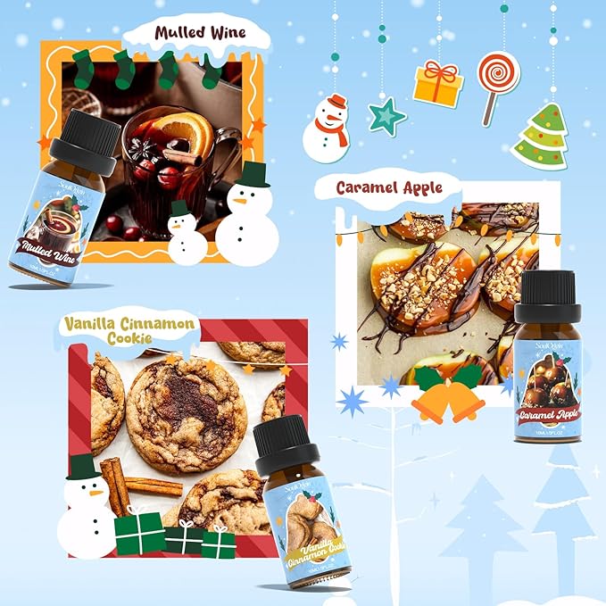 Holiday Essential Oils Set, Fragrance Oil Set for Diffuser, Scent Diffuser Oil for Candle Making-Vanilla Cinnamon Cookies, Caramel Apples, Gingerbread, Fir Cedar, Orange Cloves, Mulled Wine