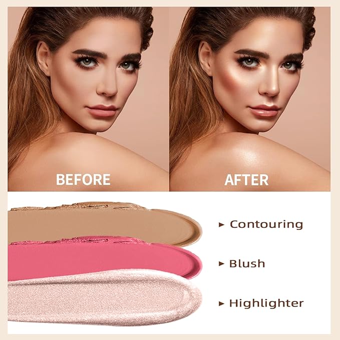 3 Pcs Cream Contour Stick Makeup Kit, Shades with Highlighter, Blush and Bronzer Contour Stick for Sculpt the Cheeks, Waterproof, Matte & Dewy Finish (Neutral,#01+#09+#12)