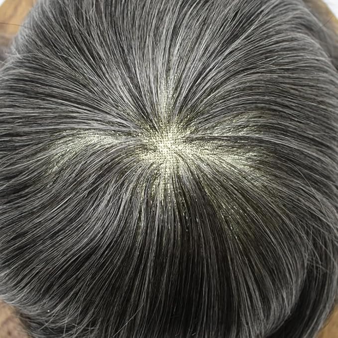 FACE MIRACLE Toupee for Men French Lace Hairpiece Human Hair Replacement System Skin PU Mens Toupee Hair Wigs for Man V-Looped Front Hair Prosthesis 7"X9" #1B50 1B# OFF BLACK WITH 50% SYNTHETIC GREY