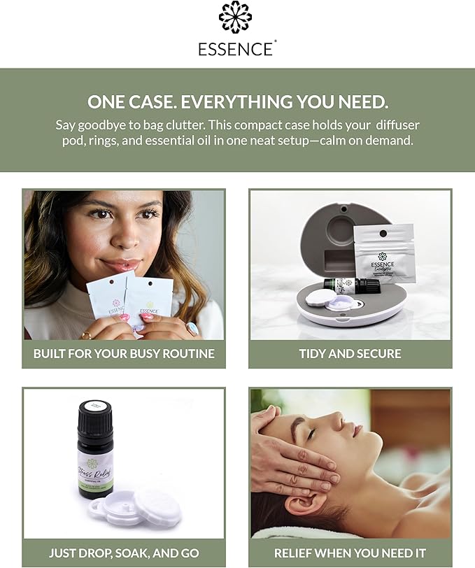 Essence Pearl Travel Case - Wearable Aromatherapy Kit with Nasal Diffuser Rings, Soaking Bay, and 5mL Essential Oil – Portable Wellness Gift Set for On?The?Go Self Care