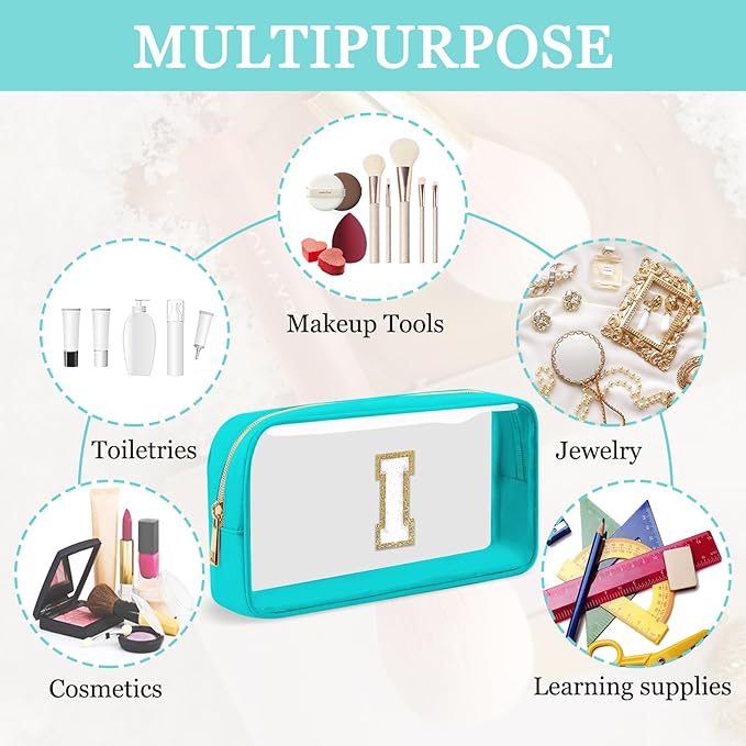 Small Clear Personalized Initial Makeup Bag,Nylon Preppy A-Z Chenille Letter Patch Cosmetic Pouch Beach Toiletry Bag,Waterproof Zipper Travel Purse Storage Bag Organizer for Women Girls(Cyan-White I)