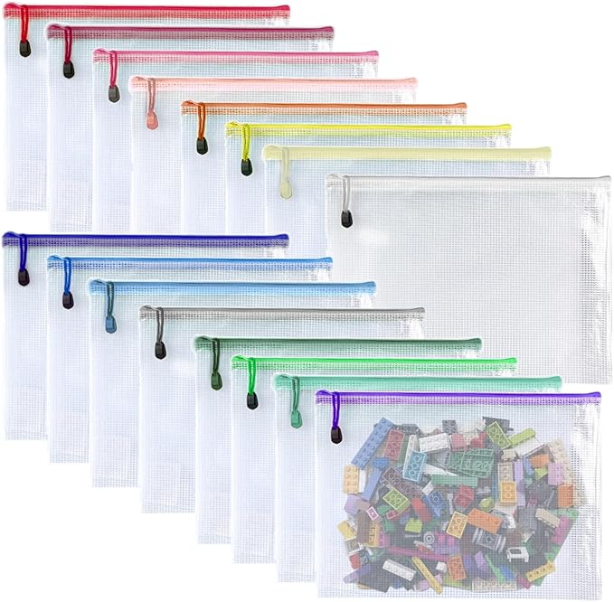 Oaimyy-16Pcs,4" x 6"-Plastic Mesh Zipper Pouch Document Folders Bag Zipper Zip File Folders for Puzzles Games,Board Game Organization,Organizing Classroom Office Storage-Multicolor