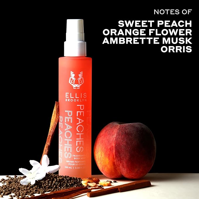 Ellis Brooklyn PEACHES Hair And Body Fragrance Mist - Fruity Floral Perfume Mist For Women with Sweet Peach, Rosebud, & Sandalwood, Vegan Perfume Made In The USA, 100ml 3.38 Fl Oz