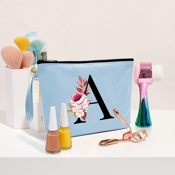 Vavabox A-Z Personalized Makeup Bag, Birthday Gifts for Women Mom, Gifts for Best Friend, Bride Bridesmaid Cosmetic bag (R, Blue)