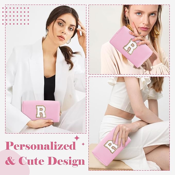 Personalized Initial A-Z Preppy Patch Makeup Bag,Small PU Chenille Letter Cosmetic Bag with Zipper for Teen Girls,Pink Cute Toiletry Organizer Bag,Monogram Makeup Case Gift for Women Girls,Letter R