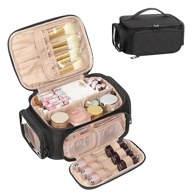 OCHEAL Makeup Bag,Travel Makeup Organizer Bag for Women with Zipper Pouch and Side Pocket, Multifunctional Compartments and Dividers,Toiletry Make up Case for Toiletries, Brushes & Beauty Tools-Black