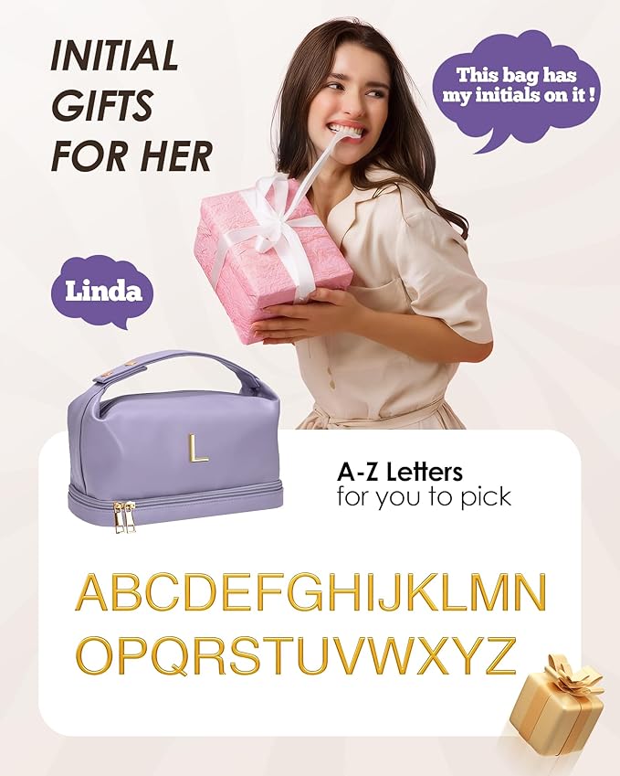 Letter Makeup Bags, Personalized Bags with Handle, Waterproof Double Layer Cosmetic Bag, Large Capacity PU Leather Makeup Bags Letter Travel Toiletry Bag with Makeup Brush Organizer