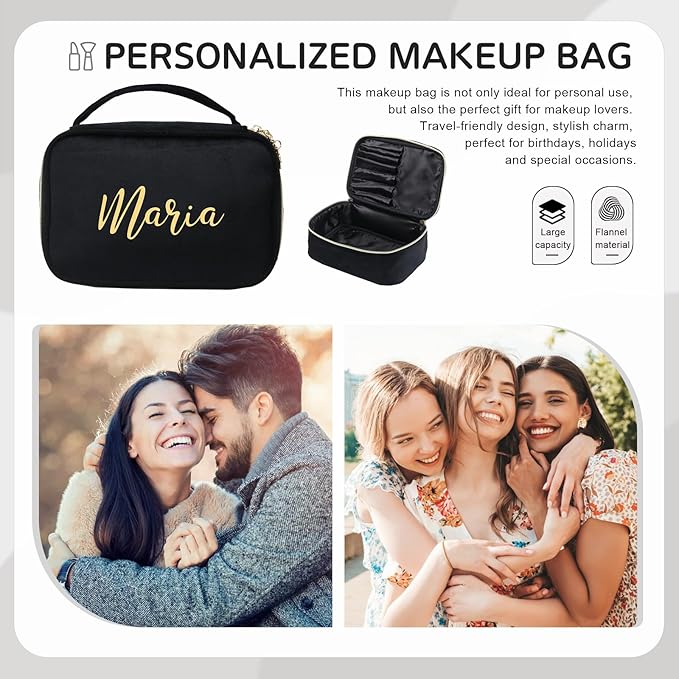 Personalized Name Makeup Bags - Monogrammed Gift for Women Girls Cosmetic Bag with Zipper Gift Ideal for Teen Girls Women Birthday Friend Mom (Black)