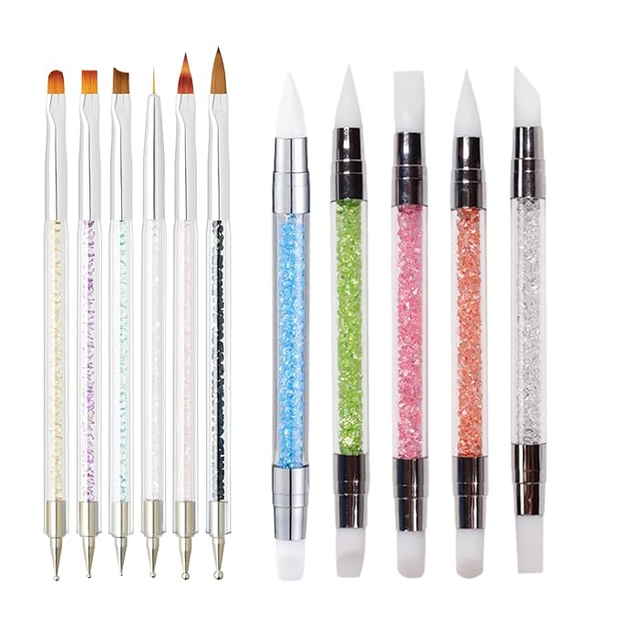 11Pcs Nail Art Brush Set, Dual Tipped Silicone Nail Tools, Nail Art Sculpture Pen, Crystal Handle Liner Brushes, Acrylic & Gel Nail Brush, Dotting Pens for Home and Professional Nail Salon