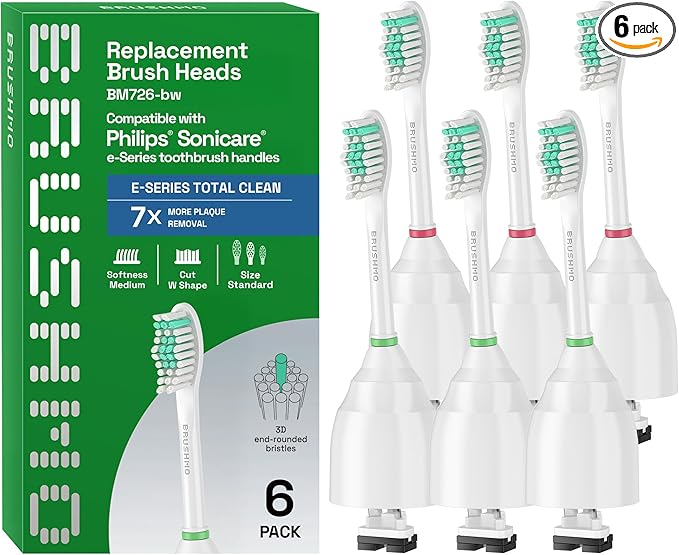 Brushmo e-Series Total Clean Replacement Toothbrush Heads, Compatible with Philips Sonicare Screw-on Electric Toothbrush Handles, 6 Standard Heads, Medium Firm Dupont Bristles, BM726-bw, White