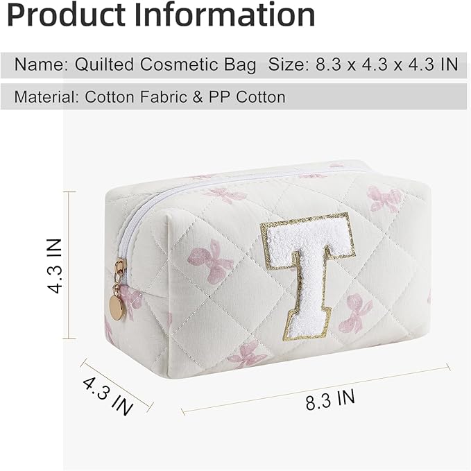 Gleyemor Personalized Initial Makeup Bag for Women, Cute Quilted Pink Floral Cotton Cosmetic Bag, Christmas Gifts for Her Mom Friend Sister Bridesmaid Teacher Women T