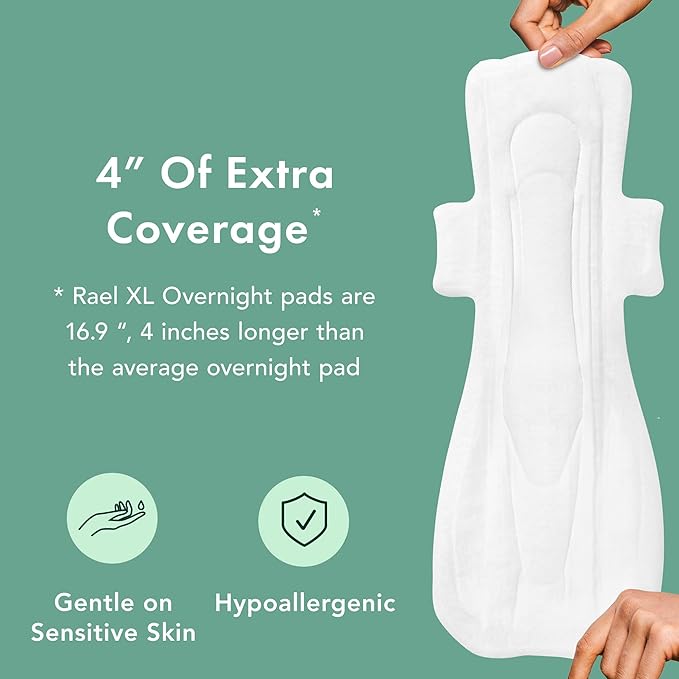 Rael Pads for Women, Organic Cotton Cover - Period Pads with Wings, Feminine Care, Sanitary Napkins, Ultimate Absorbency, Unscented, Ultra Thin (Extra Long Overnight, 12 Count)