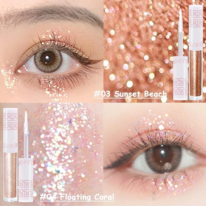 6Pcs Liquid Glitter Eyeshadow Eyeliner, Korean Makeup, Bling Under Eye Shadow, Shimmer Eye Make Up Valentine's Gift Set,Long Lasting,Quick Drying & Pigmented Loose Glitter Glue for Crystals Makeup