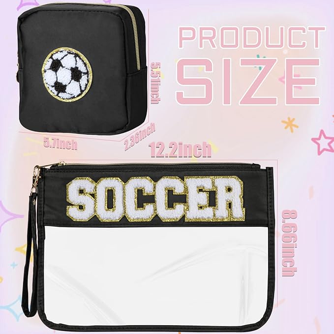 2 Pcs Soccer Gifts Makeup Bag with Chenille Letter Patch, Clear Cosmetic Pouch PVC Organizer Purse, Waterproof Travel Bag, Portable Toiletry Storage Bag for Her Girls Friends Women