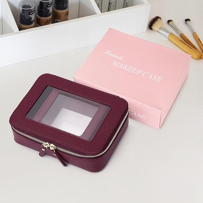 Pinkmik Clear Makeup Bag Waterproof Travel Case for Cosmetics and Toiletries Women's Purse Organizer and Clear Car Bag with Zipper (X/Burgundy, M+MINI)