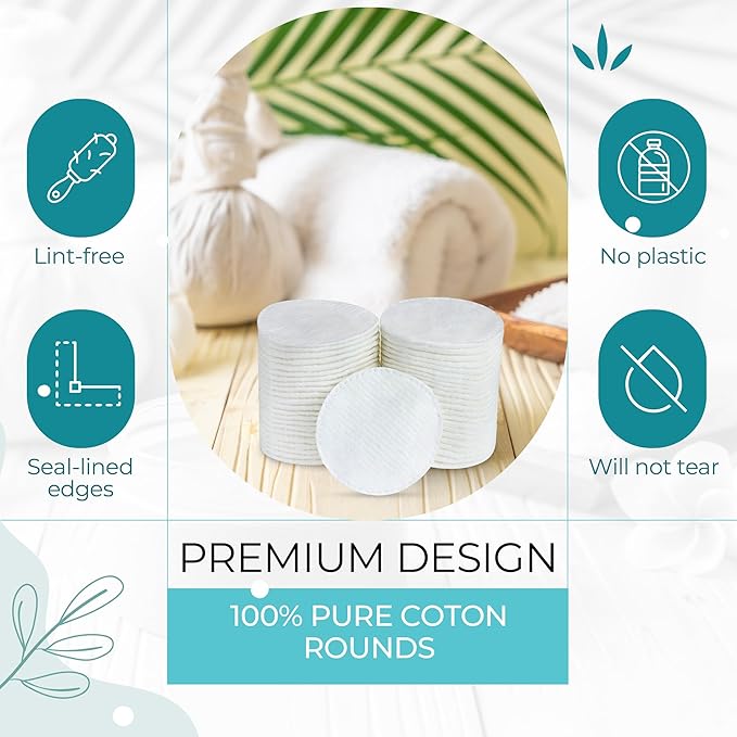 R-Neu Premium [Turkish] Cotton Rounds, 400 Count, Stitched, Waffle Textured, 100% Pure & Natural Cotton Pads for Face, Hypoallergenic Makeup Remover (4 Pack of 100)