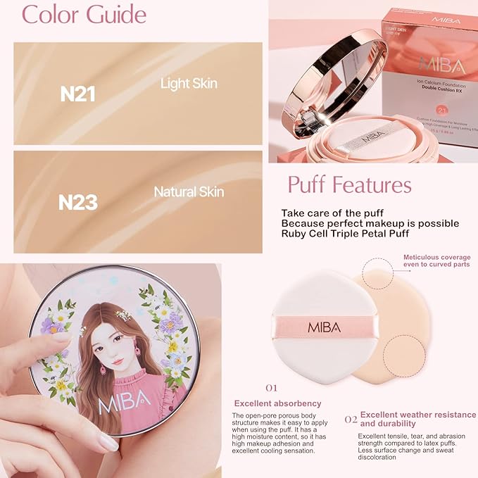 MIBA Ion Calcium Foundation Double Cushion RX 25 g / 0.88 oz Big Cushion SEASON 2 Long Lasting Effect for Dewy Skin. Skin moisturizing. Skin tightening relief. Fine coverage. Smooth adhesion (No 21)