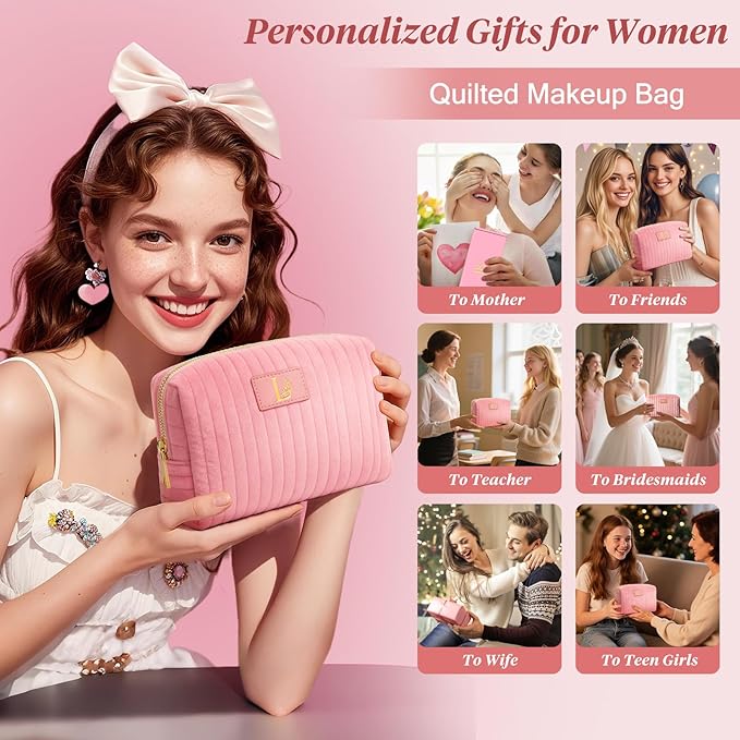 Monogrammed Make Up Bags for Women,Personalized Cosmetic Bags Women,Small Quilted Makeup Pouch,Cute Makeup Bag Travel,Birthday Gifts for Teen Girl (Pink L)