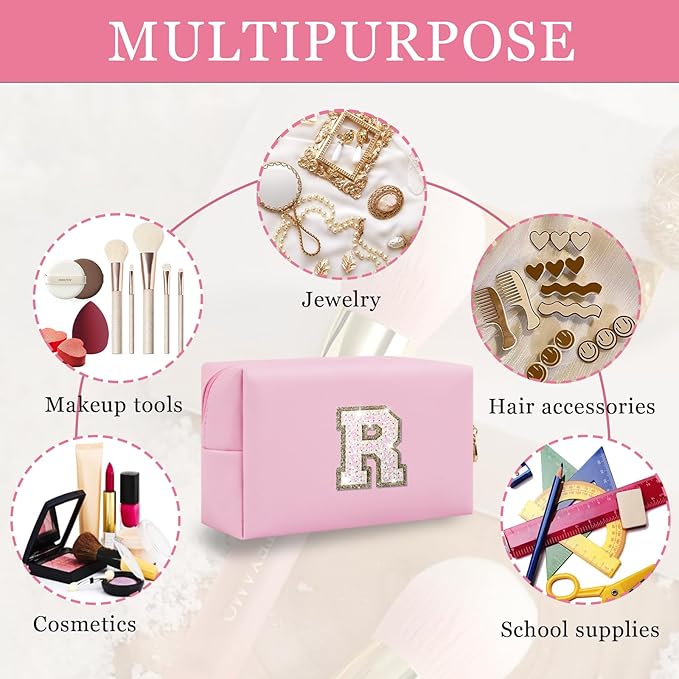 Personalized Initial Letter Makeup Bag, Small Glitter Letter Patch Cosmetic Pouch Zipper, Preppy Makeup Organizer PU Waterproof Travel Toiletry Bag, Monogrammed Birthday Gift for Women Girls