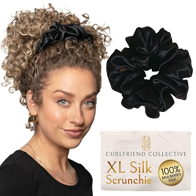 Silk Scrunchies for Women Ponytail Holders – Oversized Mulberry Silk Scrunchies – Extra Large No Damage Hair Ties for Curly, Thick, and Thin - Hair Accessories for Women – Black, XL By Curlfriend
