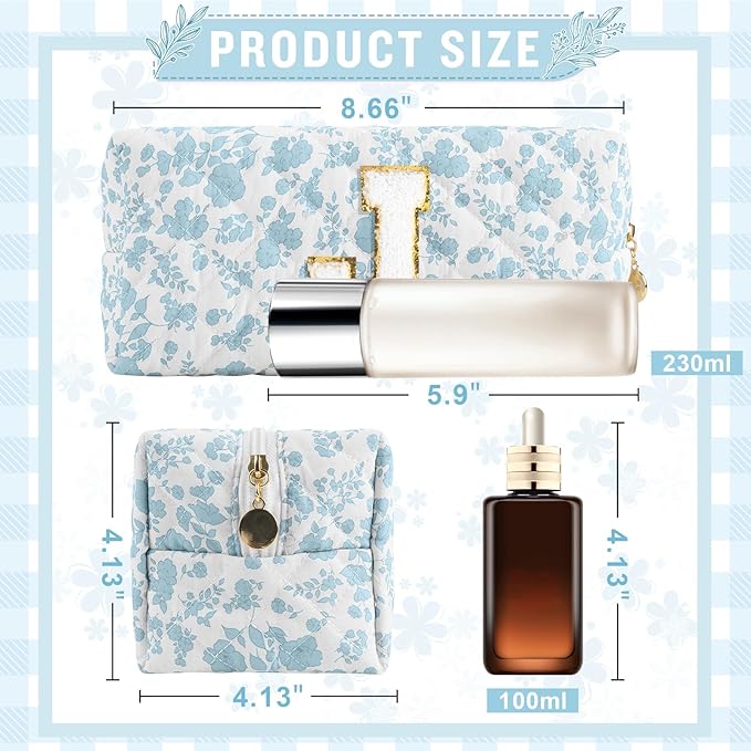 Personalized Quilted Cosmetic Bag, Puffy Monogrammed Christmas Birthday Gifts for Women & Girls, Cute initial Floral Makeup Bag Puffer Coquette Bag, Aesthetic Travel Toiletry Zipper Pouch(Blue,J)