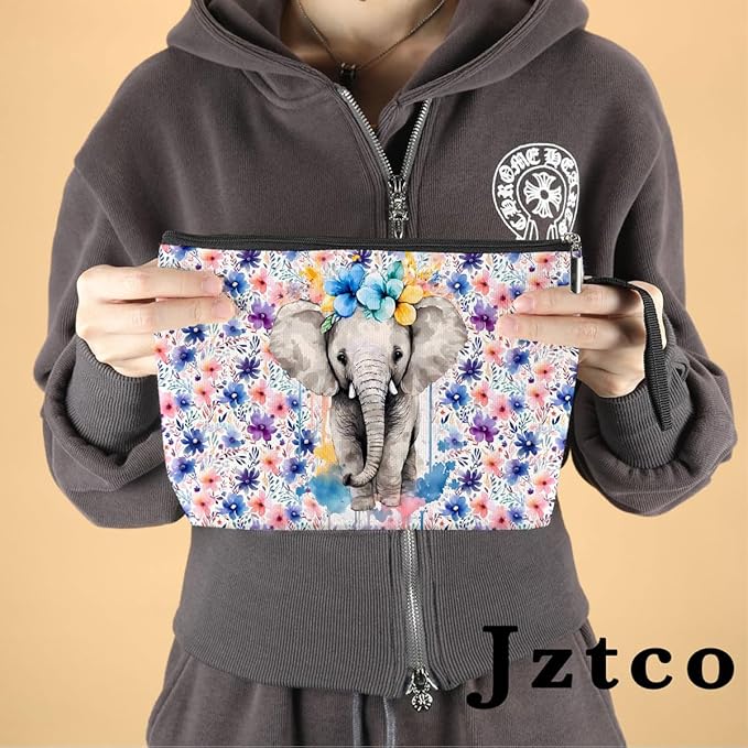 Jztco Elephant Cosmetic Bags Elephant Themed Gifts Animal Lover Gifts for Female Farm Girl BFF Best Friend Coworker Toiletry Bag Graduation Mothers Day Birthday Gift Floral Makeup Bag