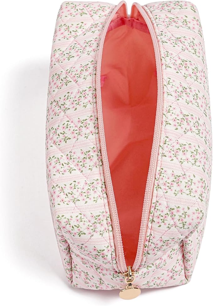 Makeup Bag Travel Cosmetic Bag for Women Girls, Zipper Make Up Pouch, Floral Flowers Toiletry Organizer Makeup, Portable Storage Cosmetic Travel Cloth Bag (Pink)