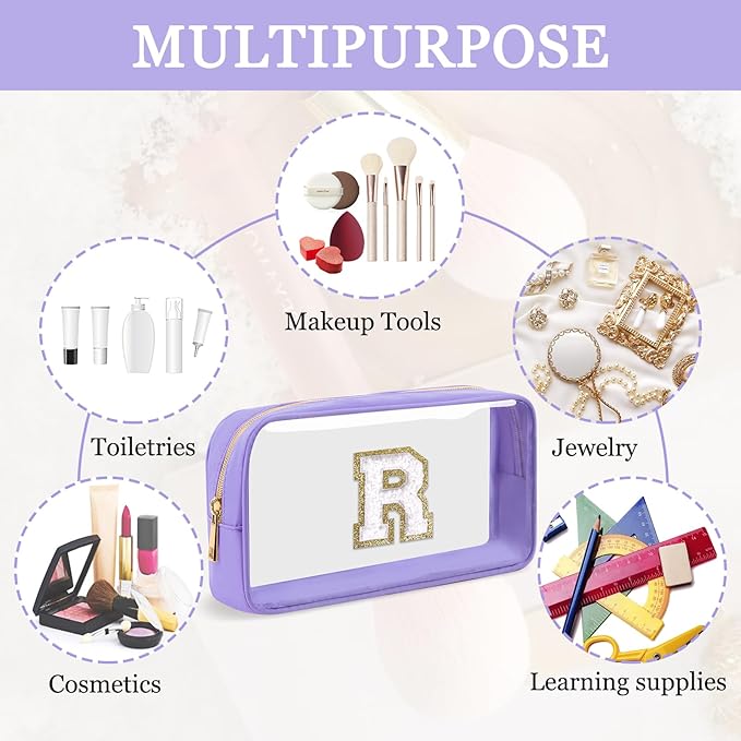 Small Clear Personalized Initial Makeup Bag,Nylon Preppy A-Z Chenille Letter Patch Cosmetic Pouch Beach Toiletry Bag,Waterproof Zip Travel Purse Storage Bag Organizer for Women Girls(Purple-White R)